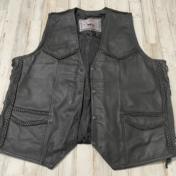 VTG Sunbelt Leather Collection Black Leather Lace Up Sides Vest Mens 48 - Picture 1 of 9